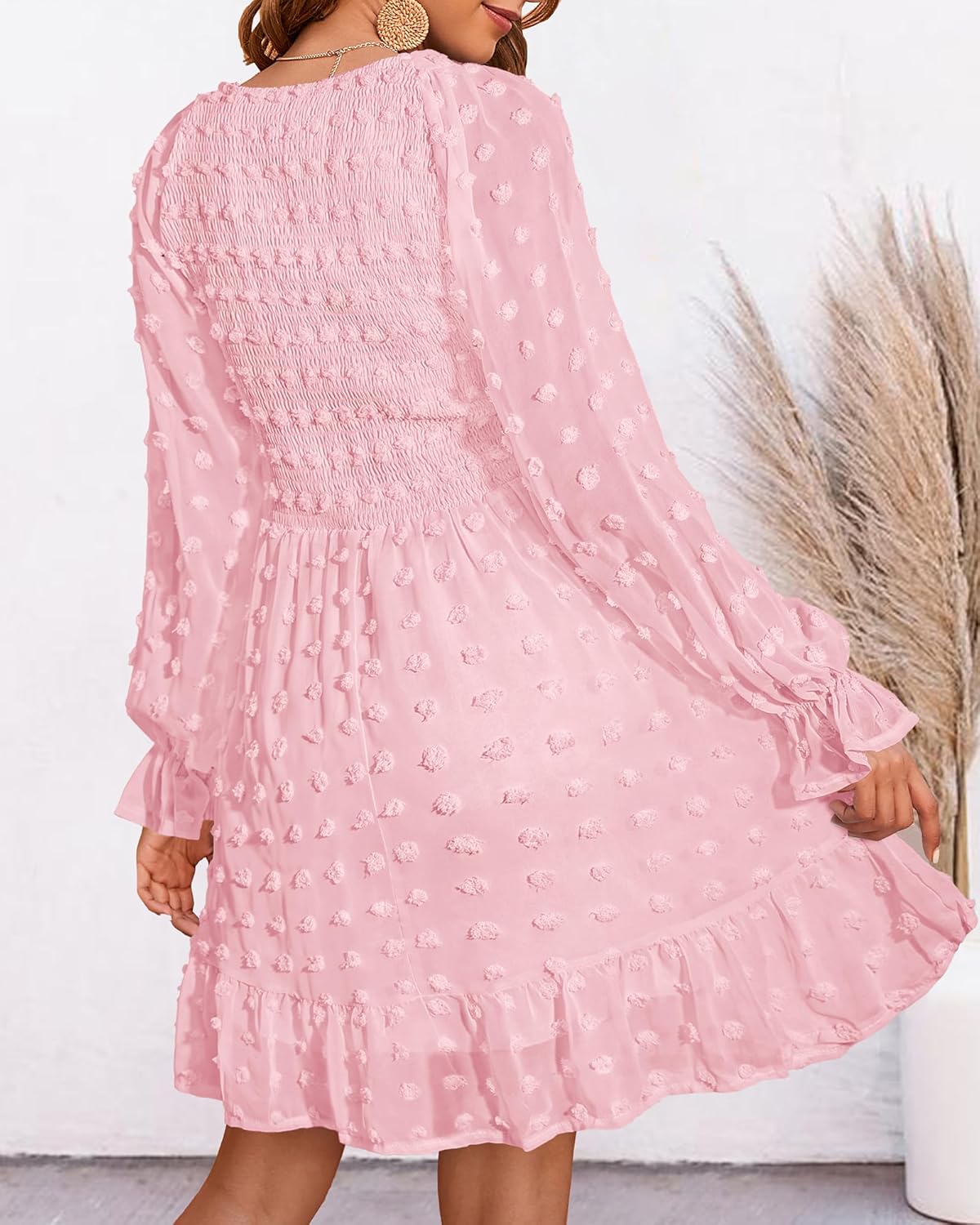 ✨Women's V Neck Casual Smocked Swiss Dot Swing Ruffle Mini Dress