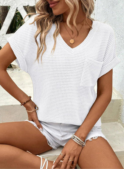 ✨Women's Oversized Waffle V Neck Short Sleeve Casual Top