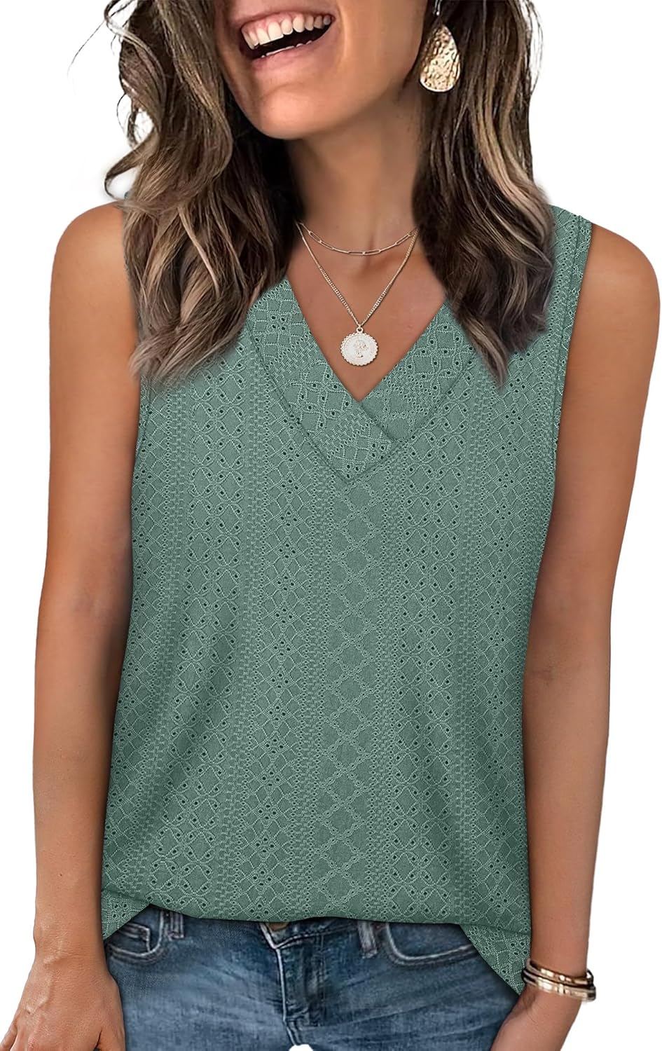 ✨Women Summer Outfits V Neck Tank Trendy Eyelet Sleeveless Basic T Shirts