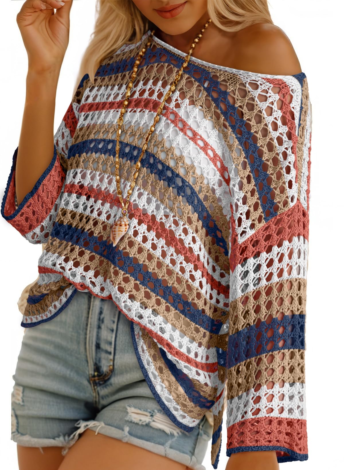⏰Hot Sale-Women's 3/4 Sleeve Hollow Out Color Block Striped Top