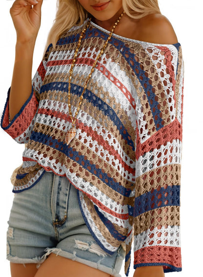 ⏰Hot Sale-Women's 3/4 Sleeve Hollow Out Color Block Striped Top