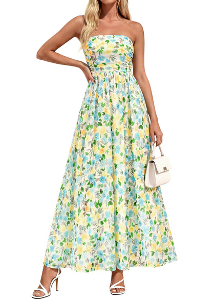 Womens Boho Maxi Dress Summer Floral Tube Strapless Wedding Guest Dresses
