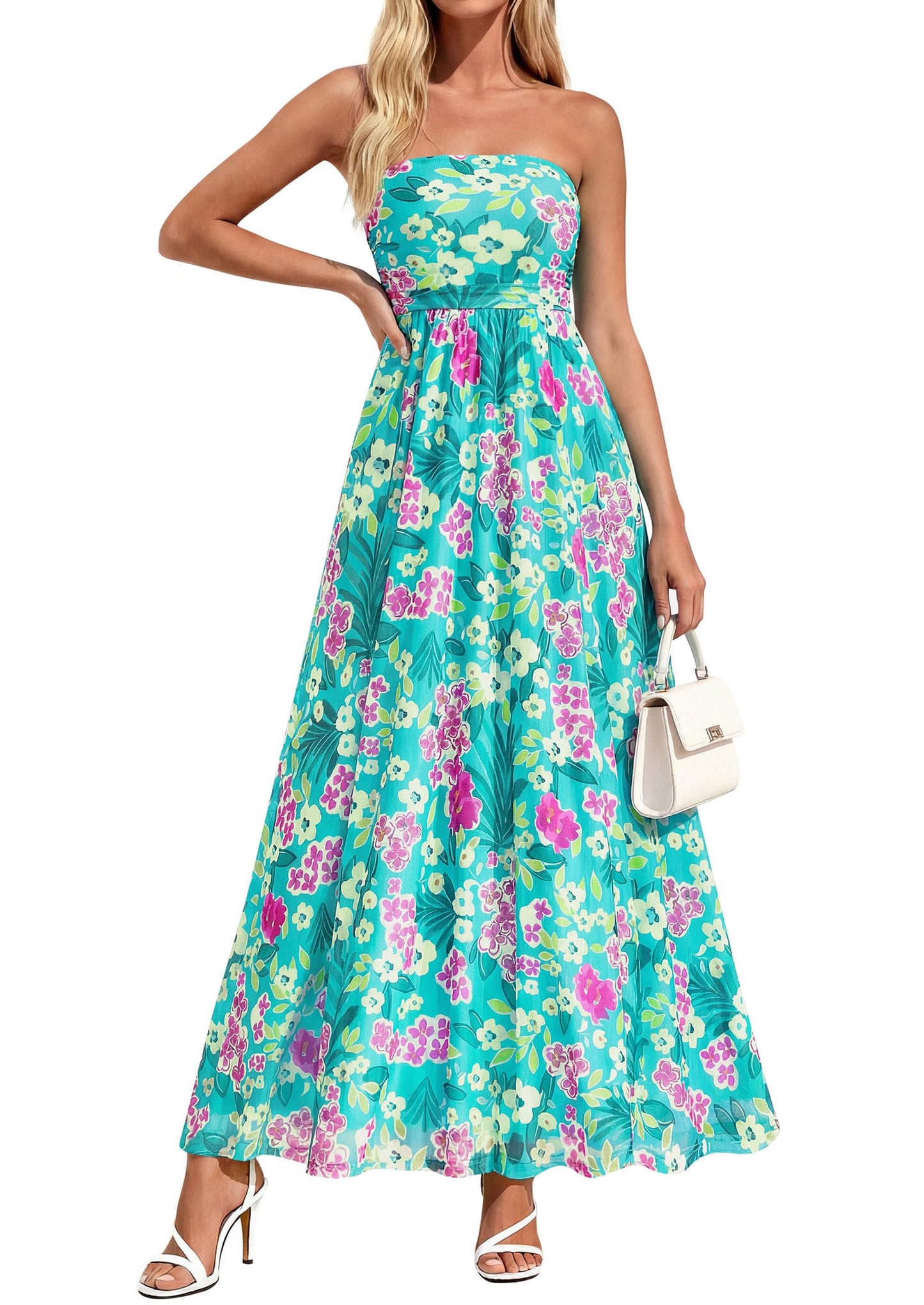 Womens Boho Maxi Dress Summer Floral Tube Strapless Wedding Guest Dresses