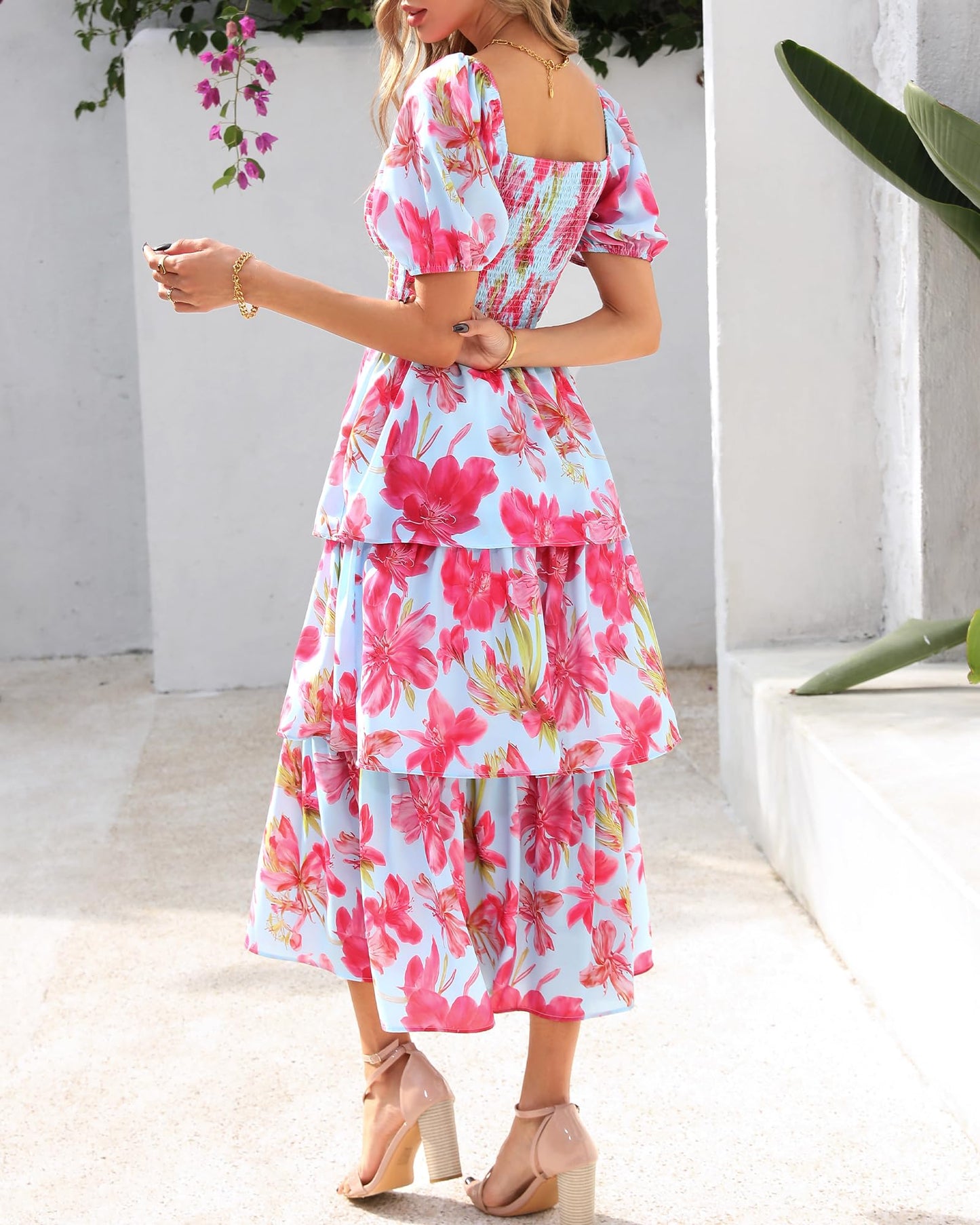 Limited time sale🔥Women's Floral Square Neck Puff Short Sleeve Smocked Tiered Dress