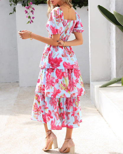Limited time sale🔥Women's Floral Square Neck Puff Short Sleeve Smocked Tiered Dress