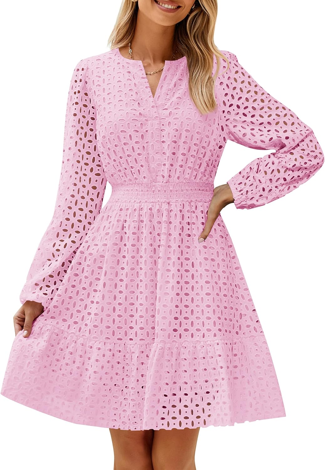 ✨Women's Long Sleeve Mini Dress V Neck Hollow Out Eyelet Embroidery Ruffle Dresses