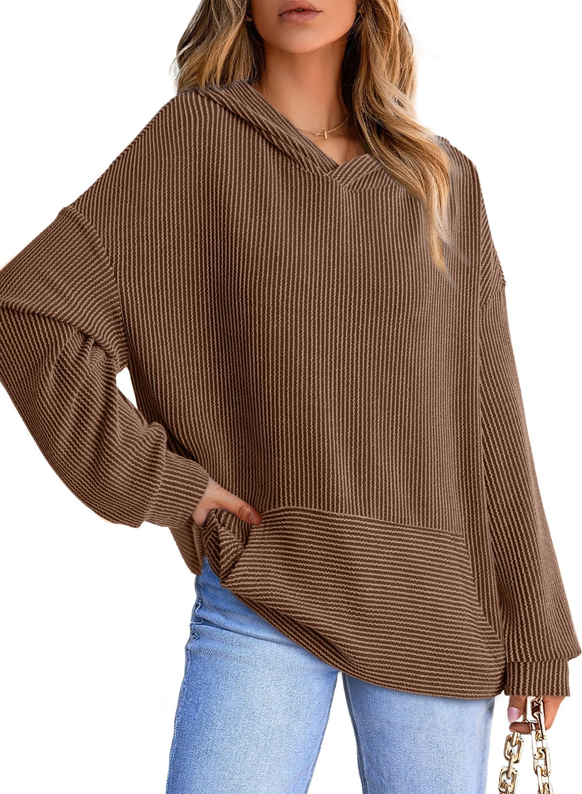 Women's Ribbed Knit Pullover Hoodie