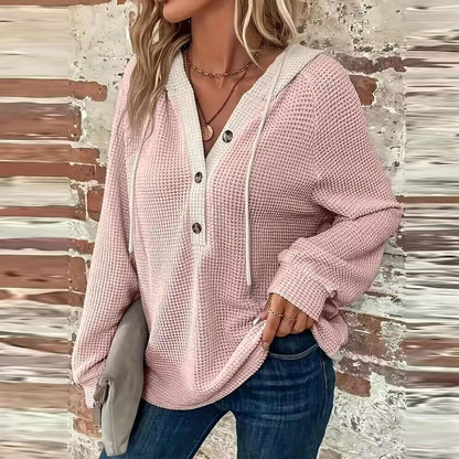 Women's Waffle Knit Drawstring Button Long Sleeve Hoodie