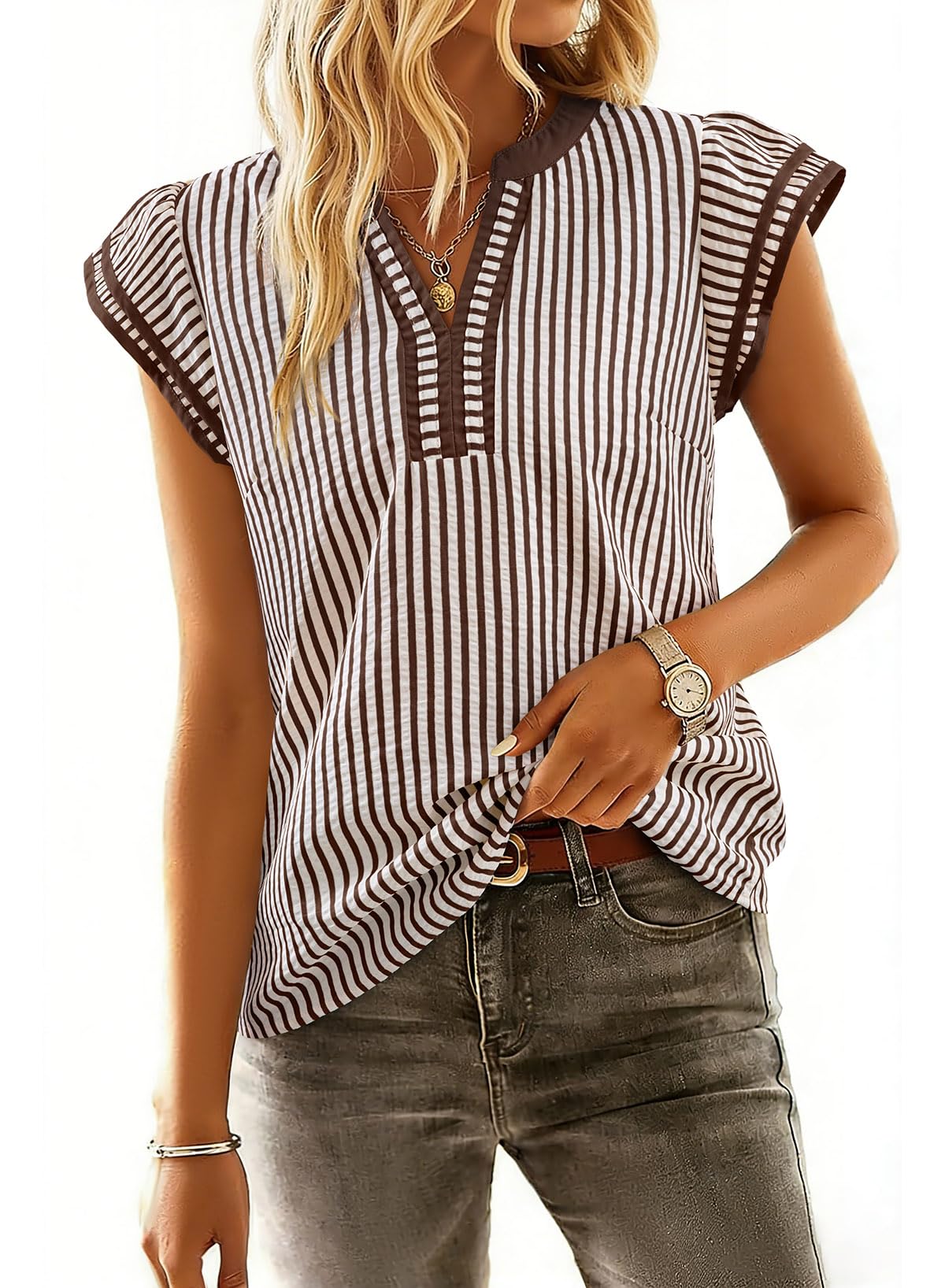 Womens Summer Tops Casual V Neck Cap Short Sleeve Striped T Shirts Loose Boho Blouses