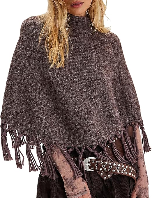 Women's Tassel High-Neck Knitted Cape