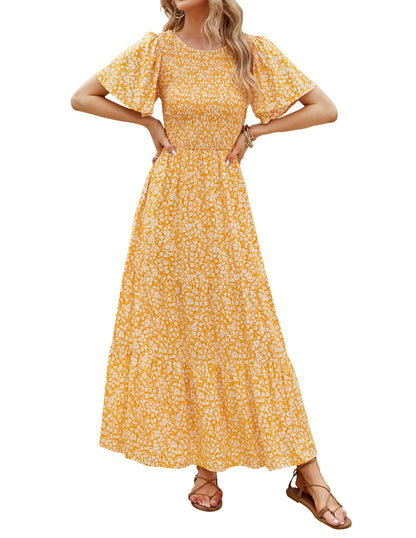 ✨Women's Casual Floral Print Short Flutter Sleeve Smocked High Waist Flowy Maxi Dress