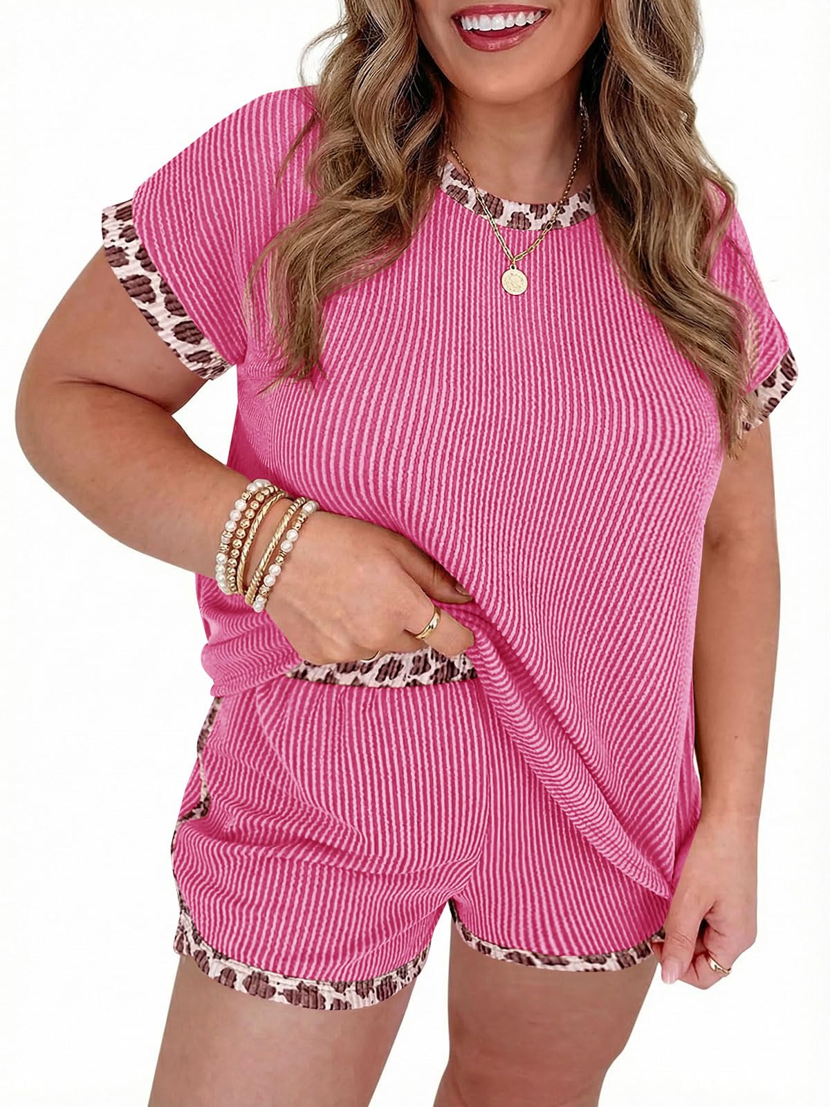 Womens Ribbed Knit Lounge Set with Leopard Print