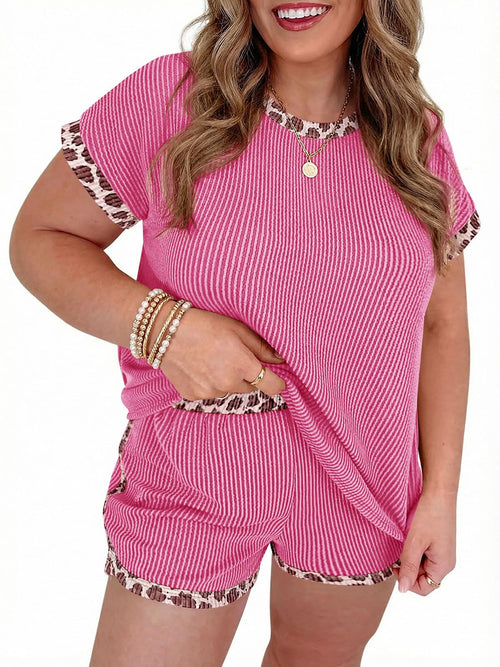 Womens Ribbed Knit Lounge Set with Leopard Print