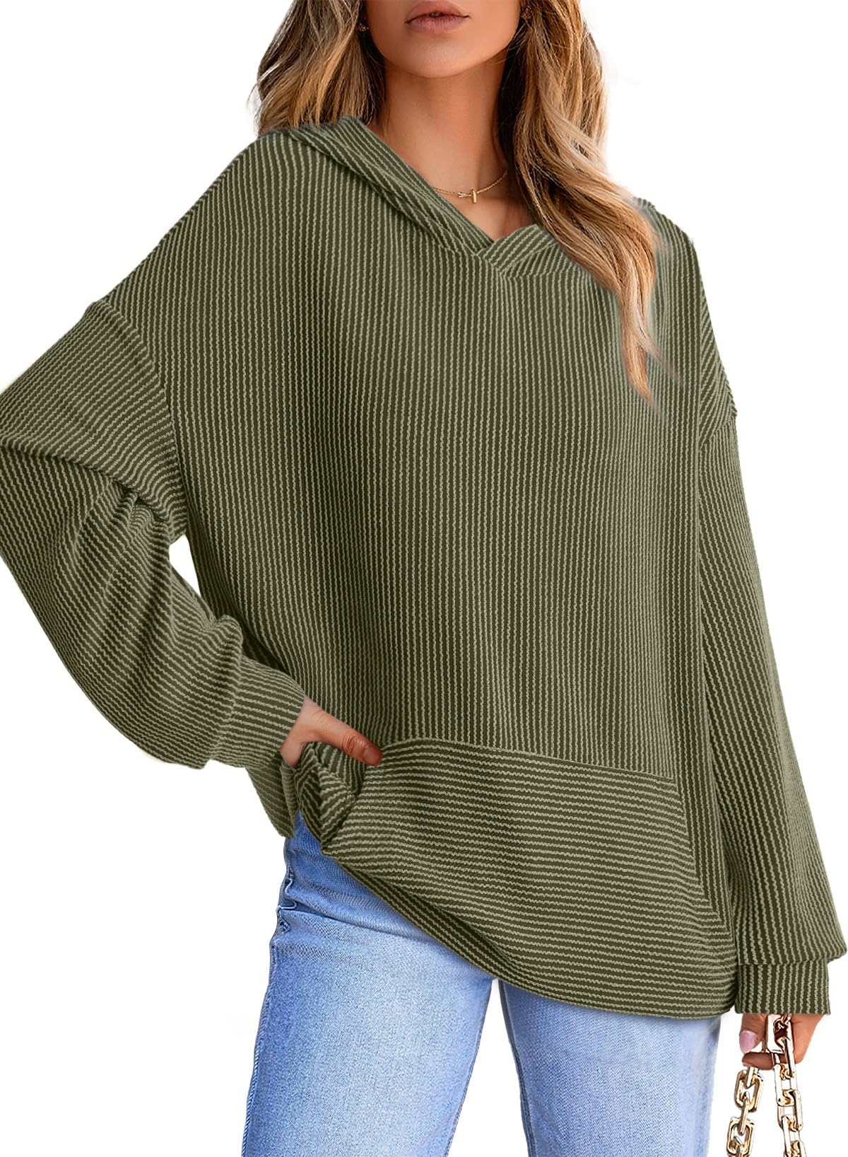 Women's Ribbed Knit Pullover Hoodie