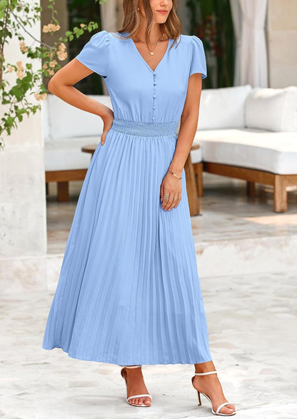✨Women's Summer Maxi Dresses Button V Neck Ruffle Cap Sleeve Long Flowy Pleated Dress