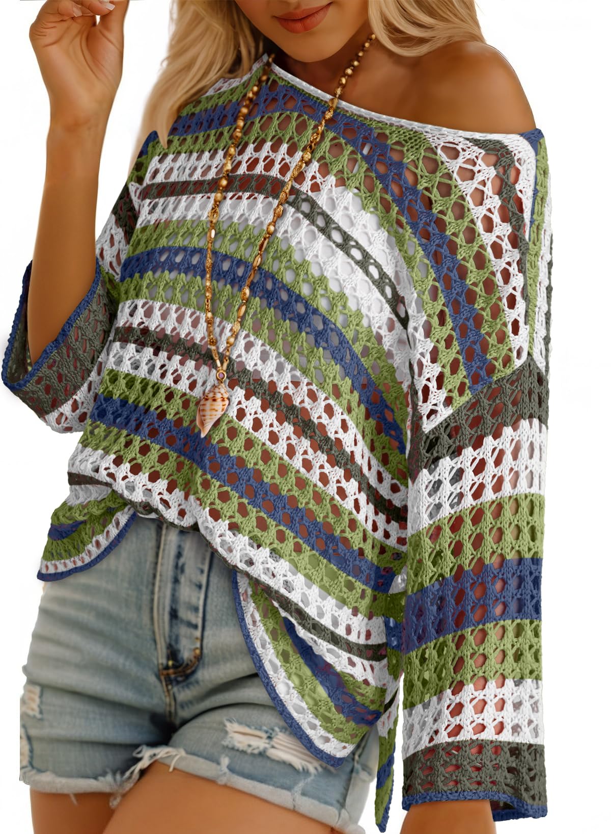 ⏰Hot Sale-Women's 3/4 Sleeve Hollow Out Color Block Striped Top