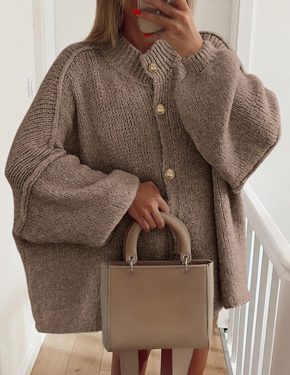 Women's Mock Neck Lantern Long Sleeve Button Down Cardigan Sweater