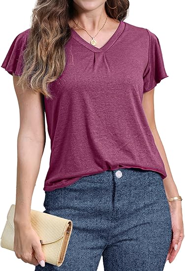 ✨Women's V Neck Ruffle Sleeve Tunic Short Sleeve Blouse Flutter Sleeve Tops