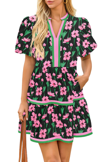 Womens V Neck Floral Mini Dress Short Puff Sleeve Patchwork
