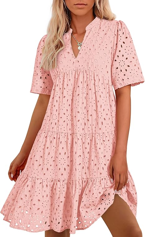 2025 Women's V Neck Short Sleeve Hollow Out Mini Vacation Dress