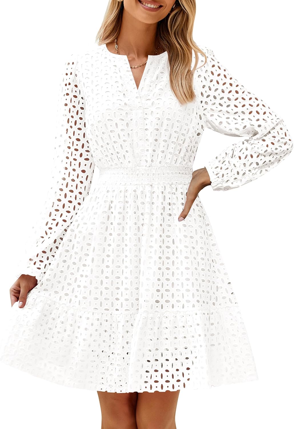 ✨Women's Long Sleeve Mini Dress V Neck Hollow Out Eyelet Embroidery Ruffle Dresses
