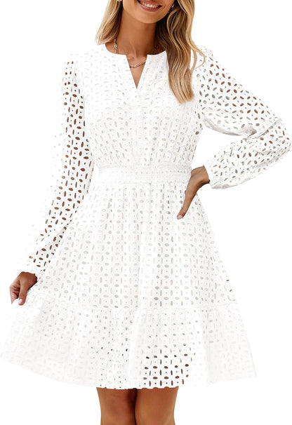 ✨Women's Long Sleeve Mini Dress V Neck Hollow Out Eyelet Embroidery Ruffle Dresses