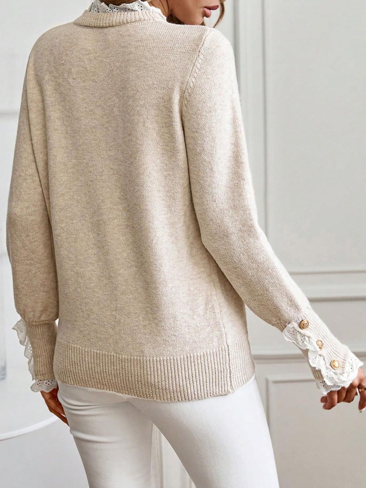 ✨Women's Long Sleeve Knitted Button Lace Trim Sweater