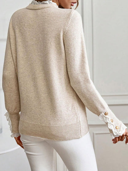 ✨Women's Long Sleeve Knitted Button Lace Trim Sweater