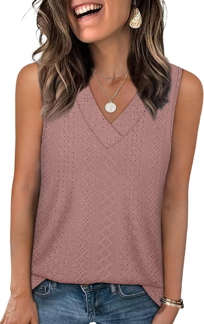 ✨Women Summer Outfits V Neck Tank Trendy Eyelet Sleeveless Basic T Shirts