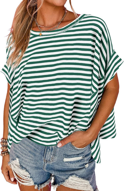 ✨Womens Oversized Striped Irregular Hem Batwing Short Sleeve Tee