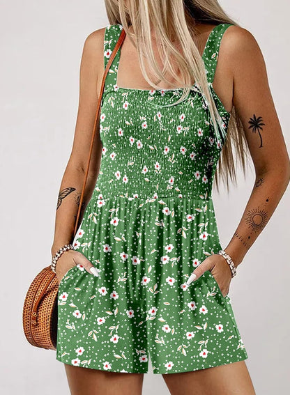 Women's Casual Sleeveless Floral Jumpsuit Cute Romper with Pockets