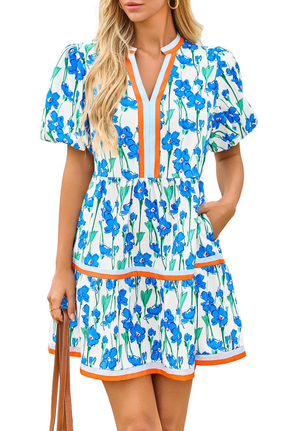 Womens V Neck Floral Mini Dress Short Puff Sleeve Patchwork