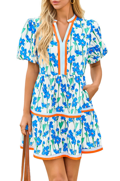 Womens V Neck Floral Mini Dress Short Puff Sleeve Patchwork
