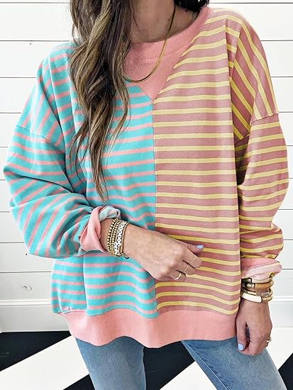 Hot Sale Womens Oversized Sweatshirts Striped Color Block Crewneck Sweatshirt
