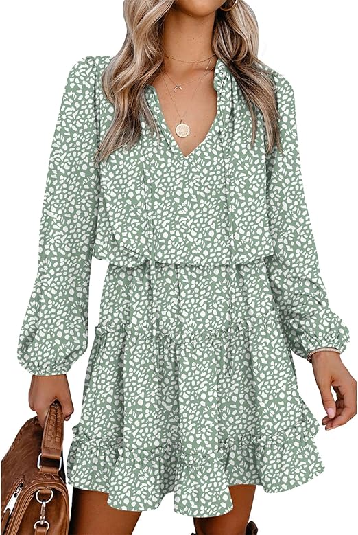 ✨Women's Tie Neck High Waist Layered Ruffle Waist Mini Dress