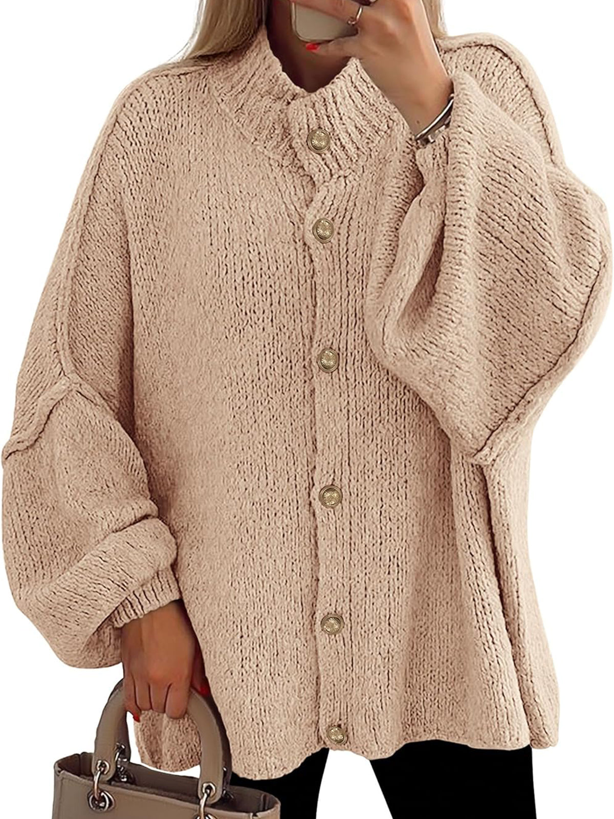 Women's Mock Neck Lantern Long Sleeve Button Down Cardigan Sweater