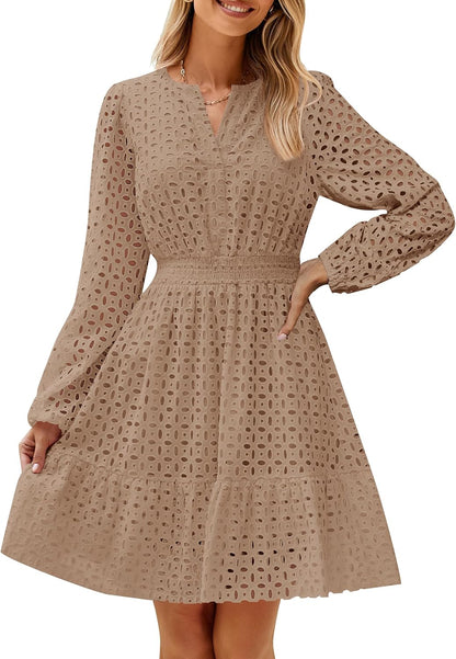 ✨Women's Long Sleeve Mini Dress V Neck Hollow Out Eyelet Embroidery Ruffle Dresses