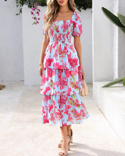 Limited time sale🔥Women's Floral Square Neck Puff Short Sleeve Smocked Tiered Dress