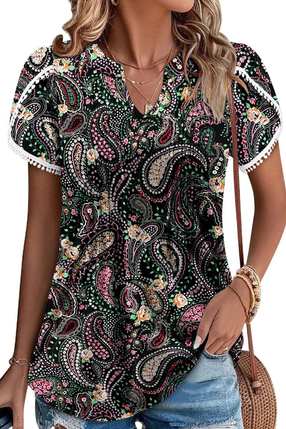 ✨Women's Cute Fringe Cuff Casual Short Sleeve Printed & Solid Tops