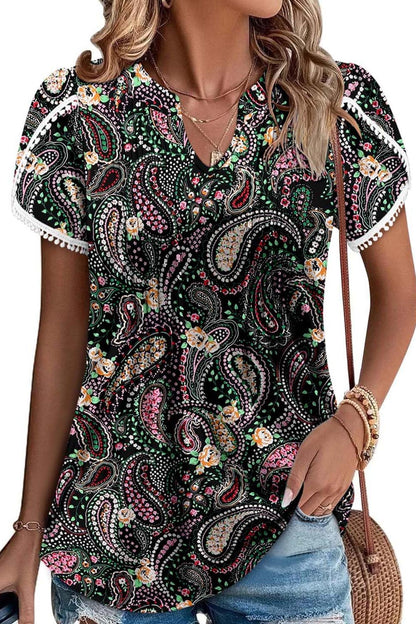 ✨Women's Cute Fringe Cuff Casual Short Sleeve Printed & Solid Tops
