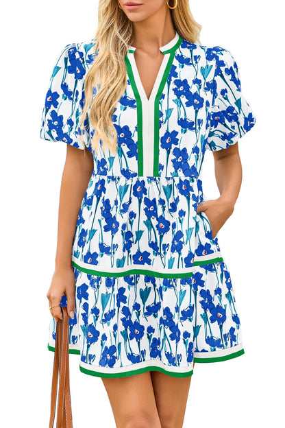 Womens V Neck Floral Mini Dress Short Puff Sleeve Patchwork