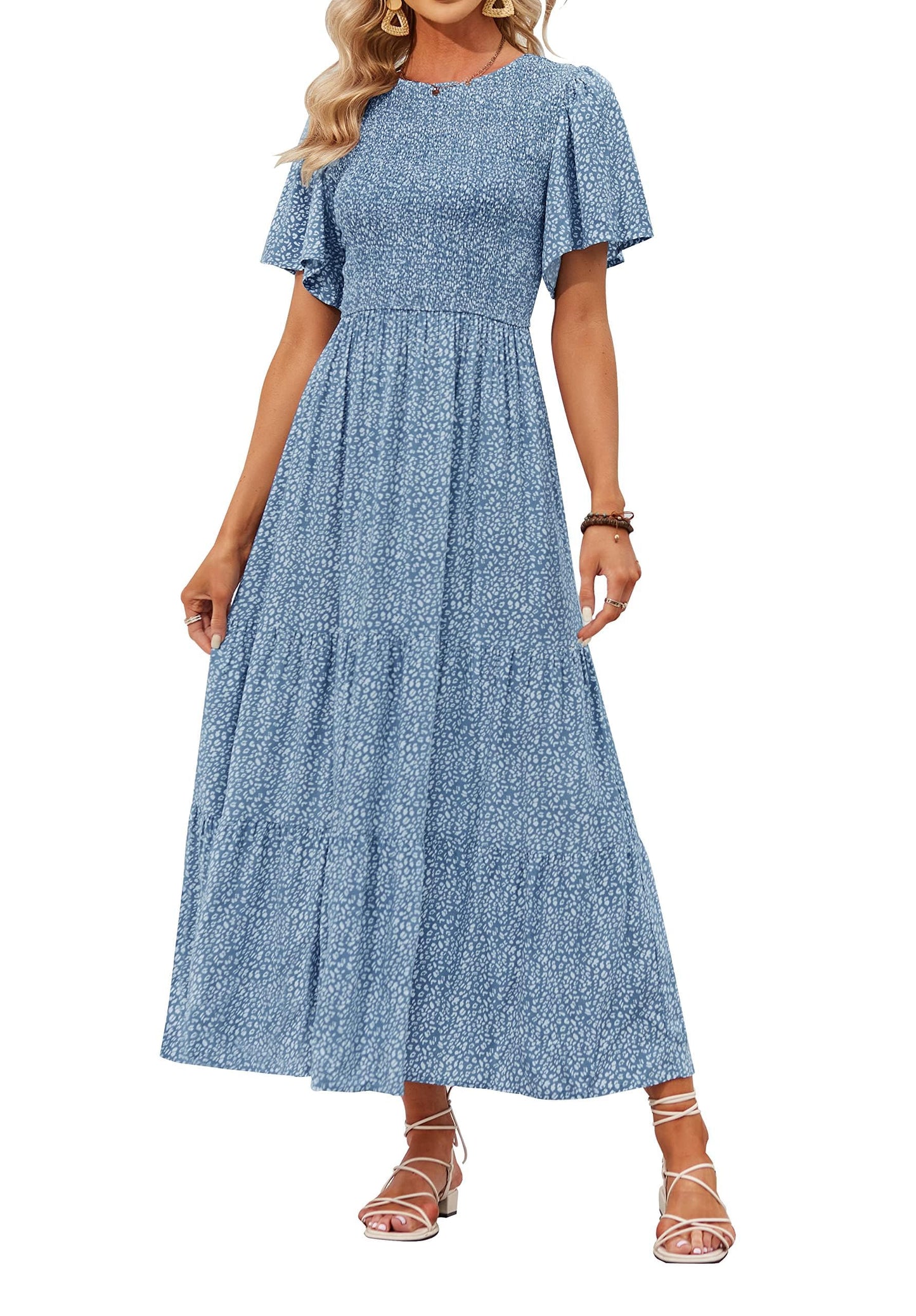 ✨Women's Casual Floral Print Short Flutter Sleeve Smocked High Waist Flowy Maxi Dress