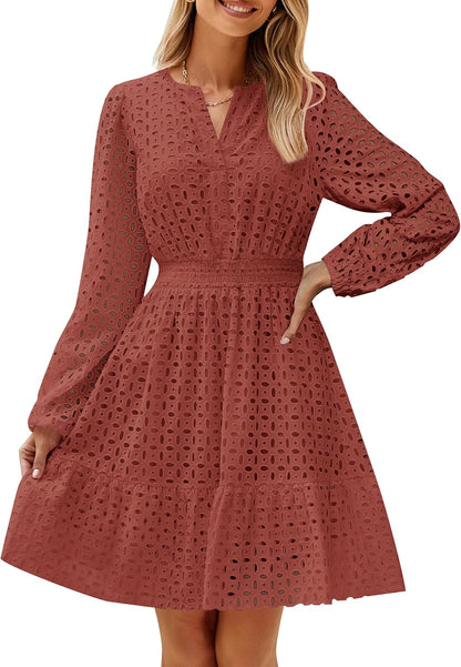✨Women's Long Sleeve Mini Dress V Neck Hollow Out Eyelet Embroidery Ruffle Dresses