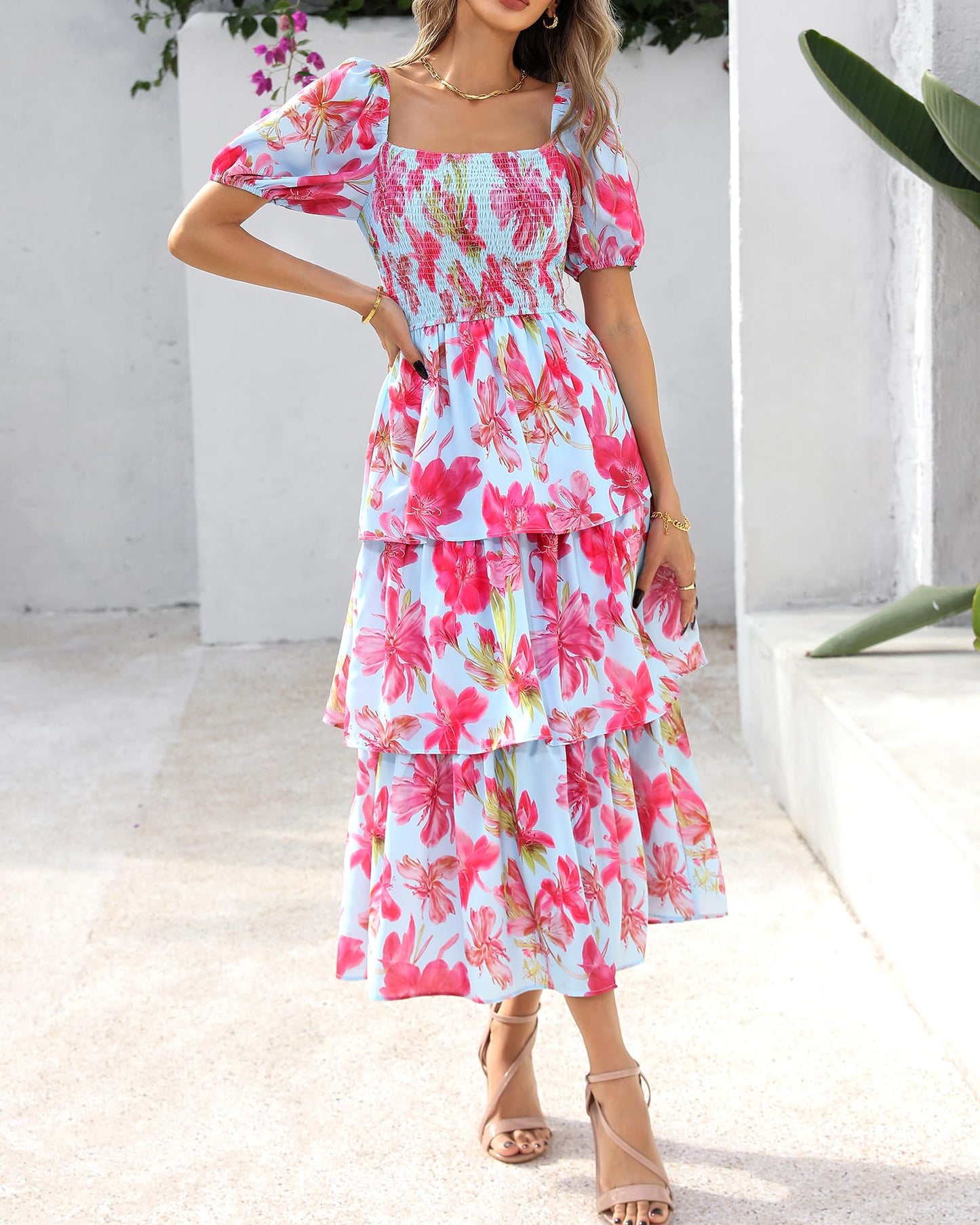 Limited time sale🔥Women's Floral Square Neck Puff Short Sleeve Smocked Tiered Dress
