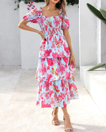 Limited time sale🔥Women's Floral Square Neck Puff Short Sleeve Smocked Tiered Dress