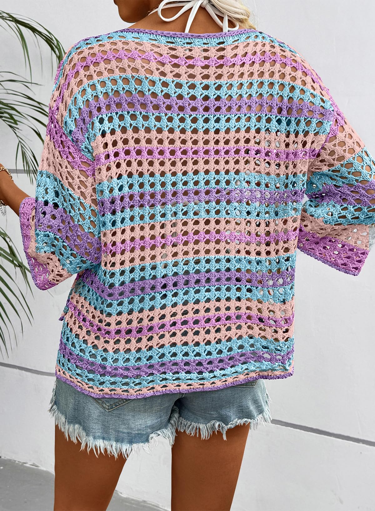 ⏰Hot Sale-Women's 3/4 Sleeve Hollow Out Color Block Striped Top