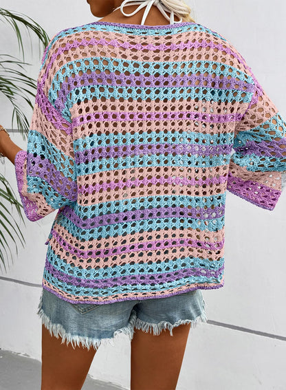 ⏰Hot Sale-Women's 3/4 Sleeve Hollow Out Color Block Striped Top