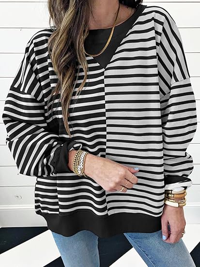 Hot Sale Womens Oversized Sweatshirts Striped Color Block Crewneck Sweatshirt