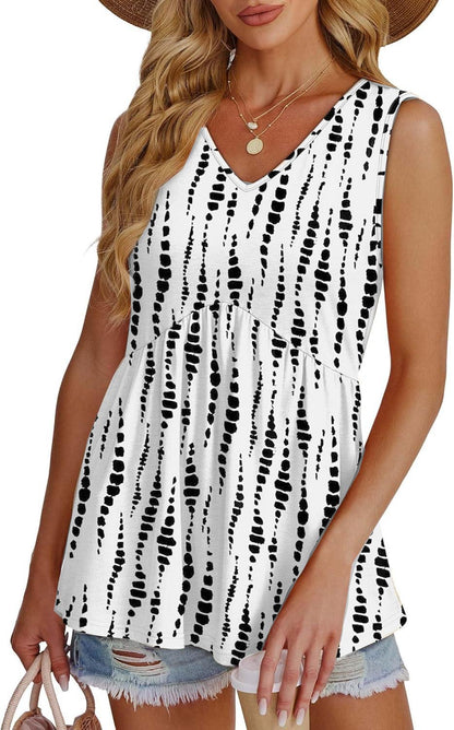 📣Women's Print Flowy Sleeveless V Neck Peplum Tank Tops