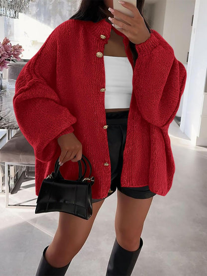 Women's Mock Neck Lantern Long Sleeve Button Down Cardigan Sweater